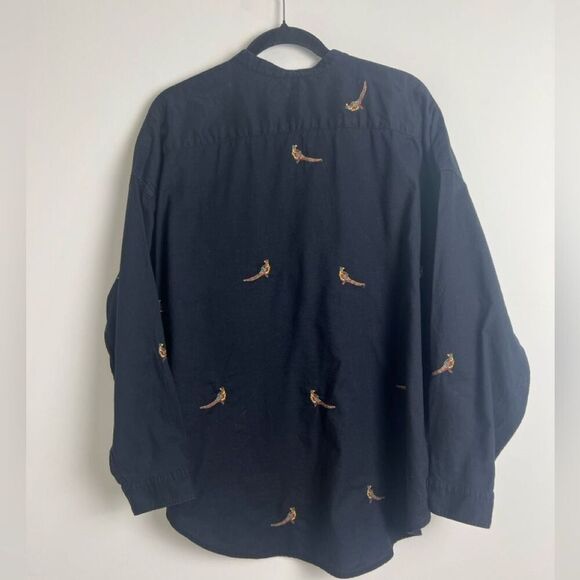 L.L. Bean Signature 100% Cotton Black Embroidered Pheasant Print Classic Blouse - Picture 3 of 12